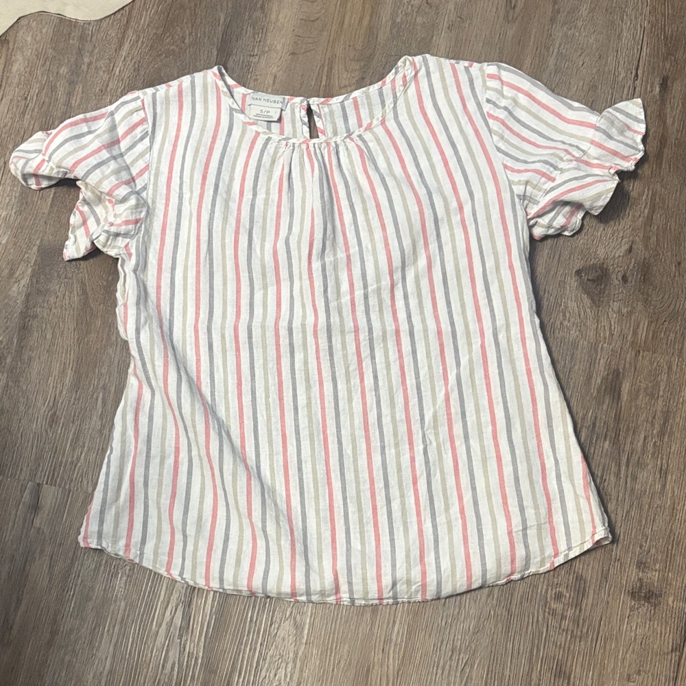 Van Heusen Striped Ruffle Sleeve Top - White, Pink, Gray